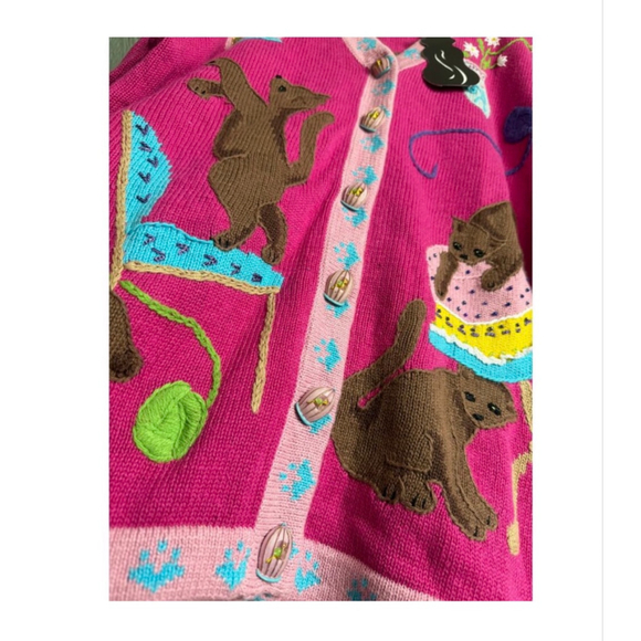 NWT Vintage Stonybrook Knits Cat Cardigan Whimsical Pink Kitten Sweater | Size L - Picture 4 of 7
